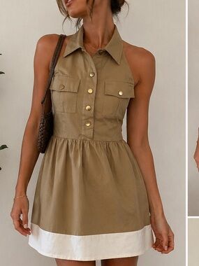 Alyn Paige Halter Tan Khaki Button Front Collared A-Line Mini Dress Women’s